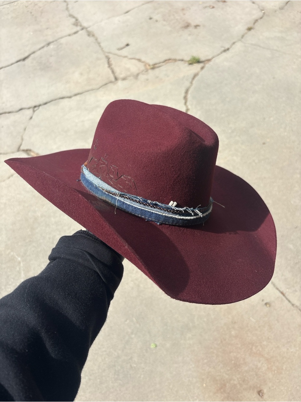 Black Cherry Brand New Felt Cowboy Hat with Distressed Blue Denim Band